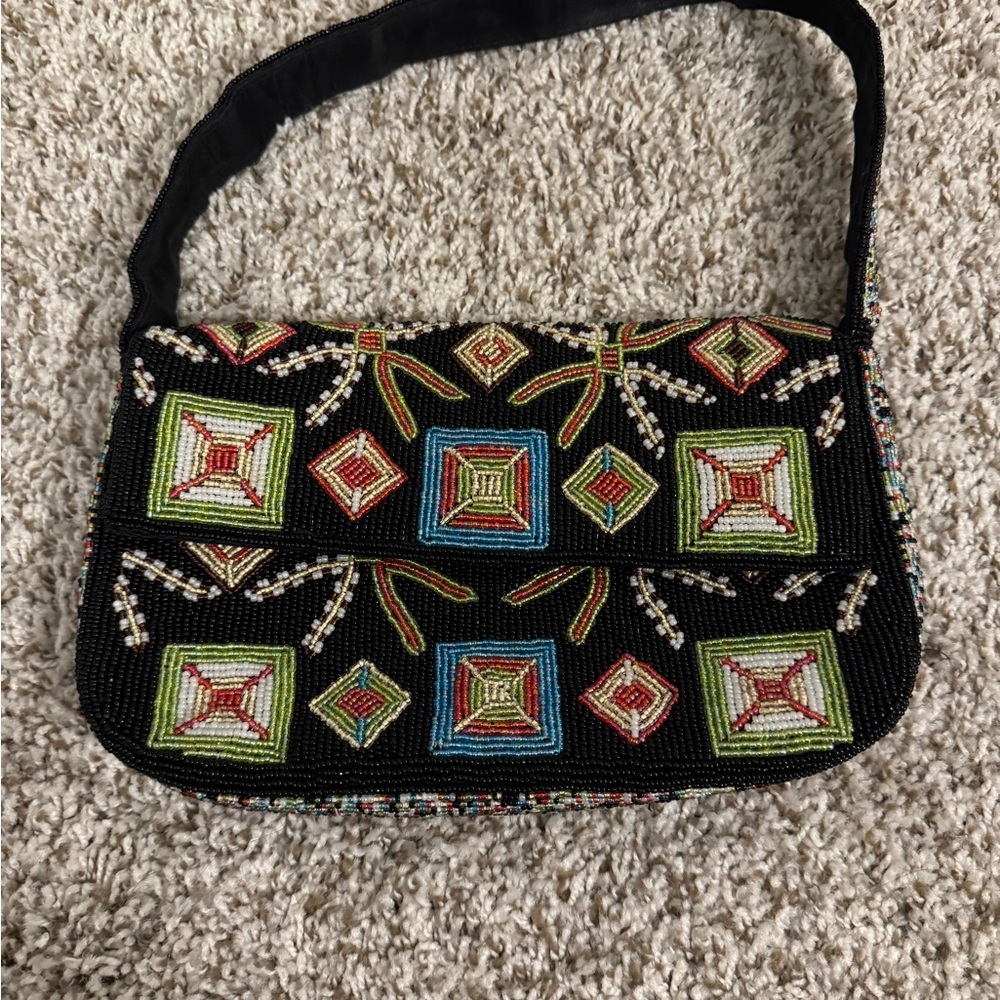 Vintage Beaded Black Multicolor Shoulder Bag